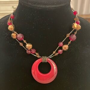 Vintage Lia Sophia Bronze Gold Tone Red Beaded Double Strand Pendant Necklace